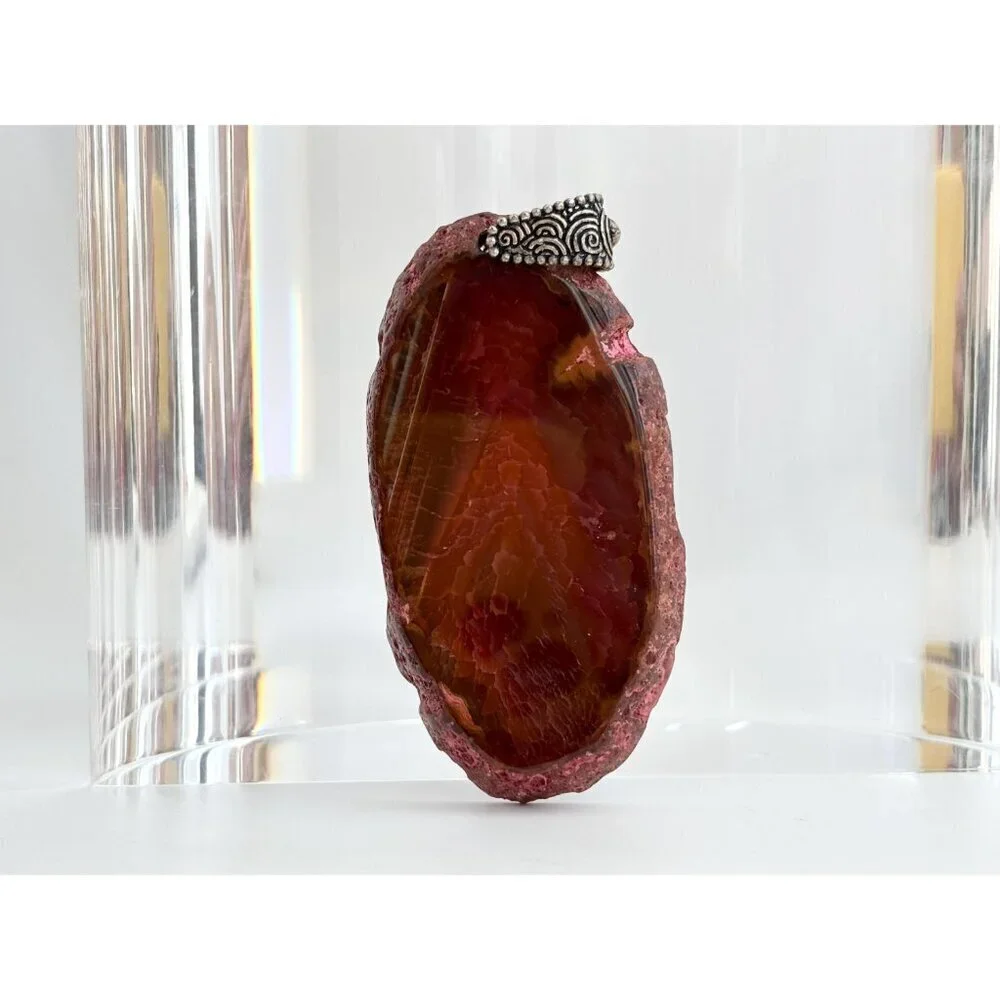 Red Sliced Agate Smooth Crystal Freeform Large Silver Toned Vintage Pendant